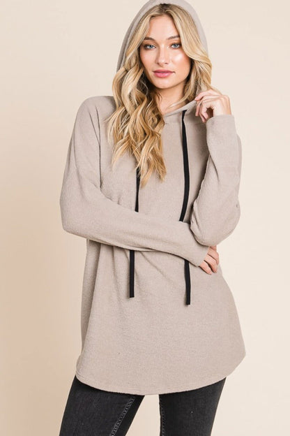 BOMBOM Contrast Drawstring Drop Shoulder Knit Hoodie In Taupe us.meeeshop - Shirts & Tops