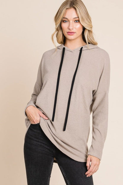 BOMBOM Contrast Drawstring Drop Shoulder Knit Hoodie In Taupe us.meeeshop - 