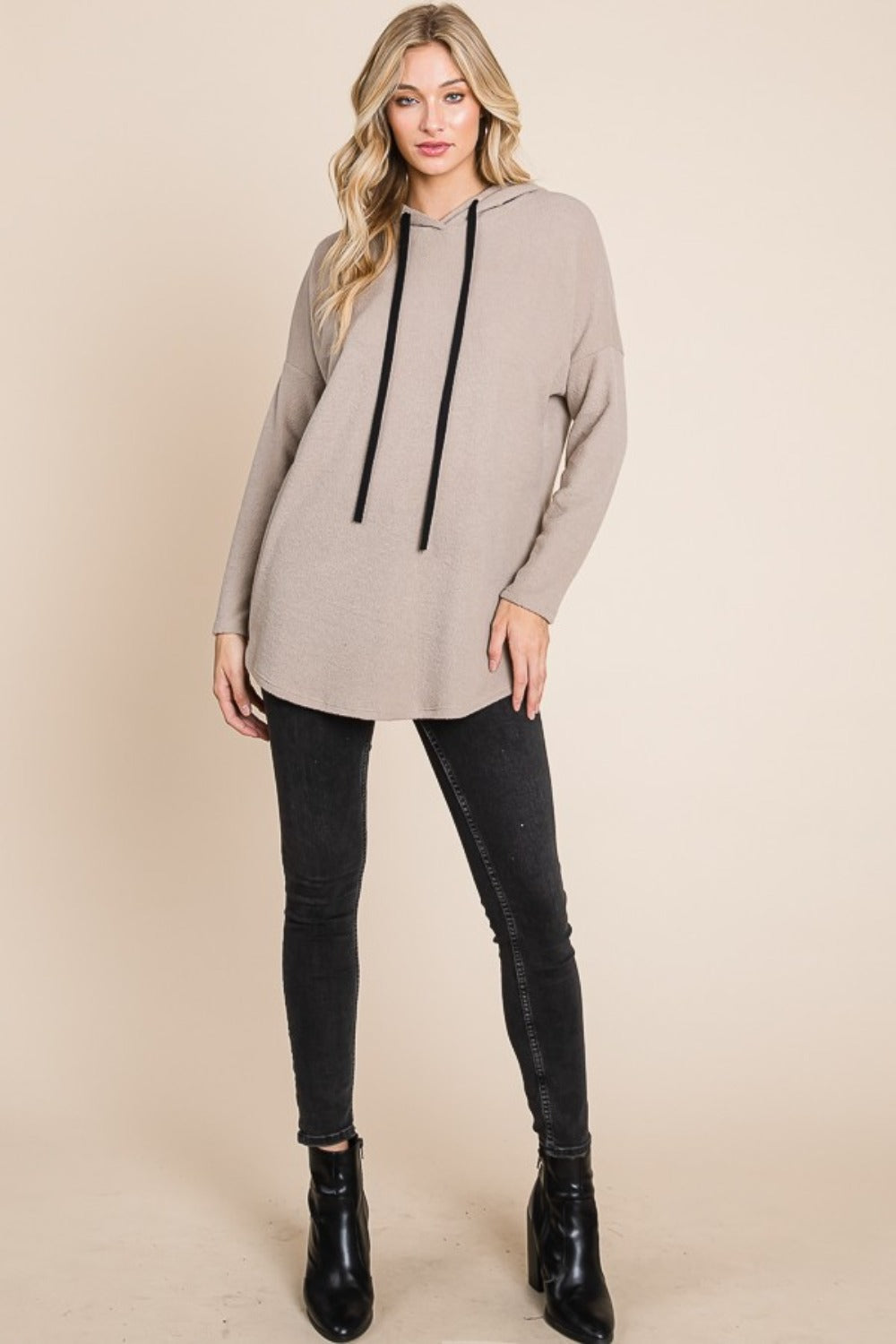 BOMBOM Contrast Drawstring Drop Shoulder Knit Hoodie In Taupe us.meeeshop - 