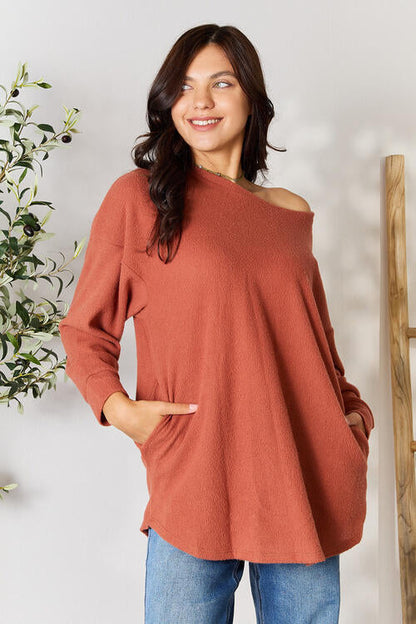 BOMBOM Drop Shoulder Long Sleeve Blouse with Pockets | us.meeeshop