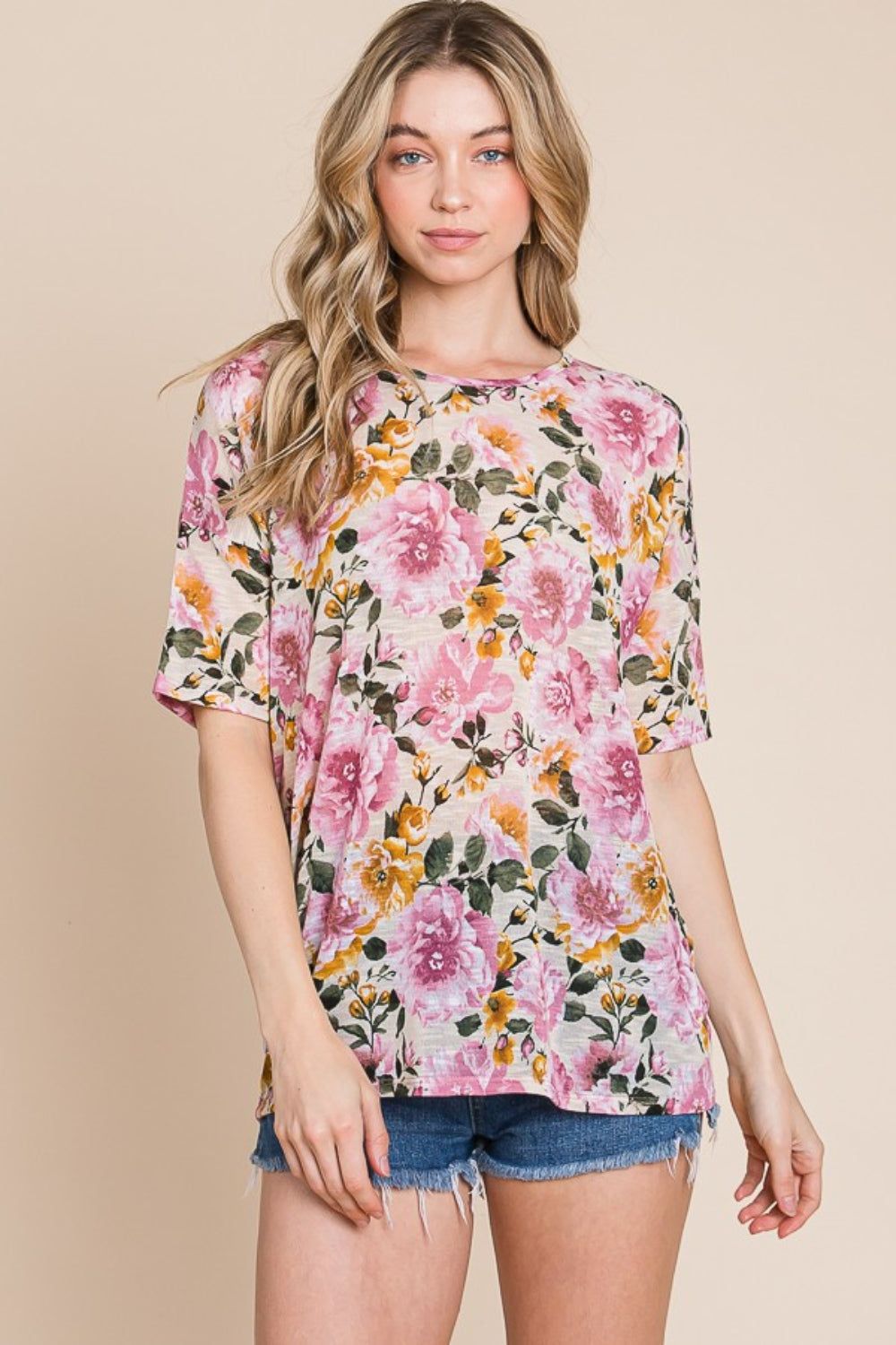 BOMBOM Floral Round Neck T-Shirt us.meeeshop - Shirts & Tops