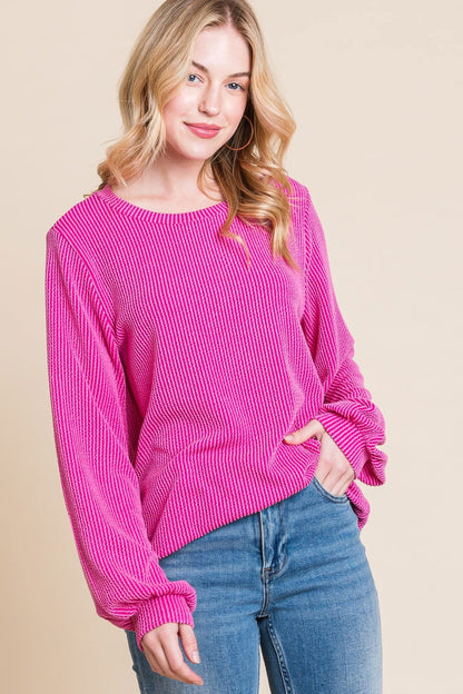 BOMBOM Long Sleeve Curved Hem Ribbed T-Shirt us.meeeshop - Shirts & Tops