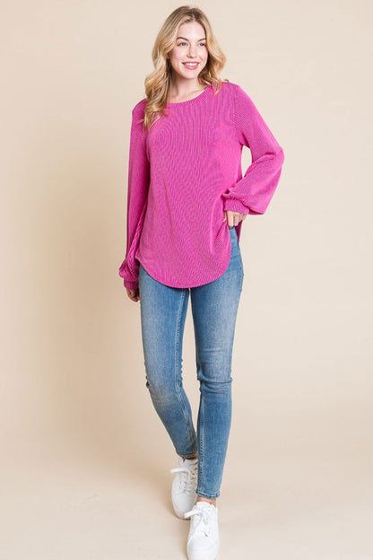 BOMBOM Long Sleeve Curved Hem Ribbed T-Shirt us.meeeshop - 