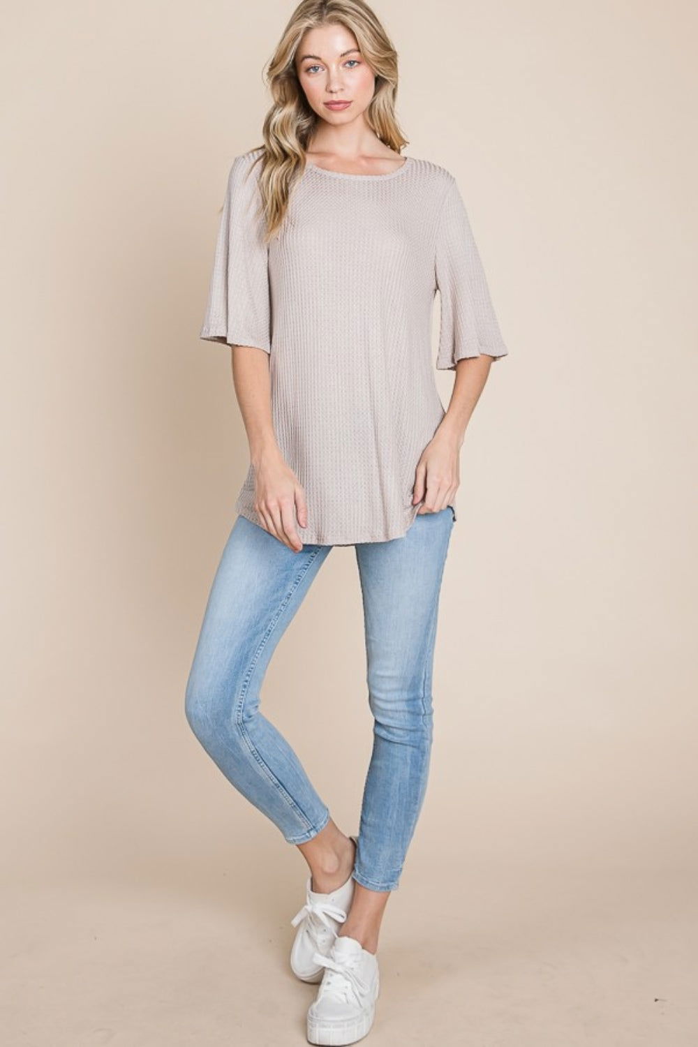 BOMBOM Round Neck Waffle Knit T-Shirt us.meeeshop - 