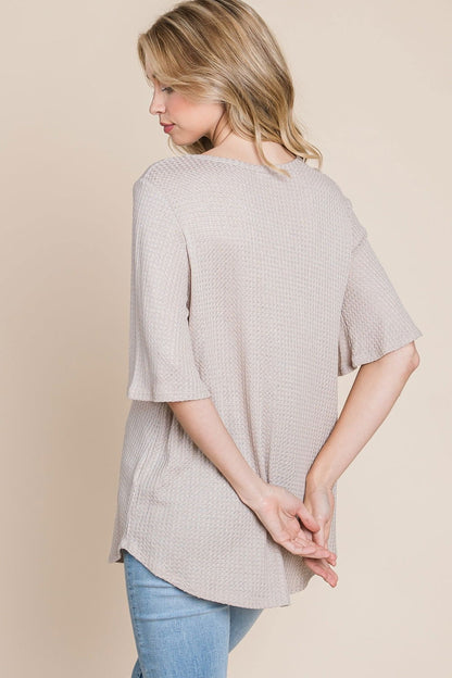 BOMBOM Round Neck Waffle Knit T-Shirt us.meeeshop - 