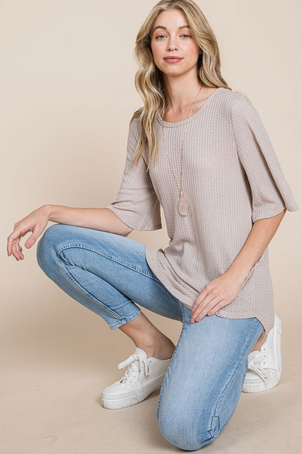 BOMBOM Round Neck Waffle Knit T-Shirt us.meeeshop - 