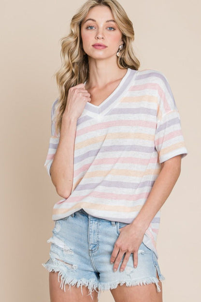 BOMBOM Striped V-Neck Short Sleeve T-Shirt us.meeeshop - 