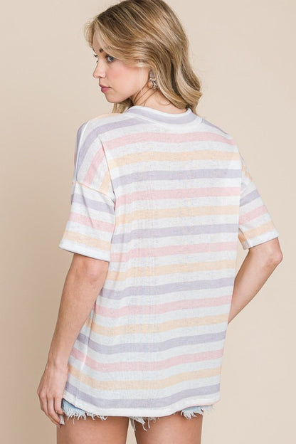 BOMBOM Striped V-Neck Short Sleeve T-Shirt us.meeeshop - 