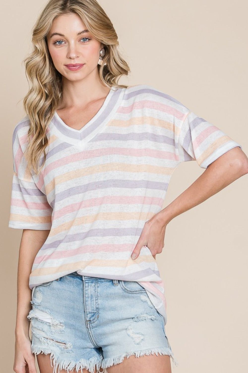 BOMBOM Striped V-Neck Short Sleeve T-Shirt us.meeeshop - 