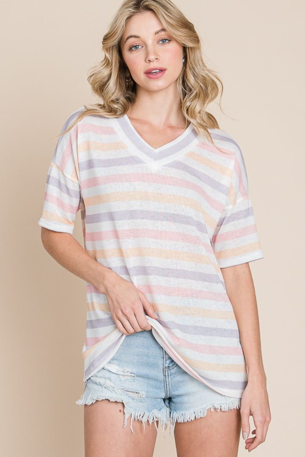 BOMBOM Striped V-Neck Short Sleeve T-Shirt us.meeeshop - Shirts & Tops