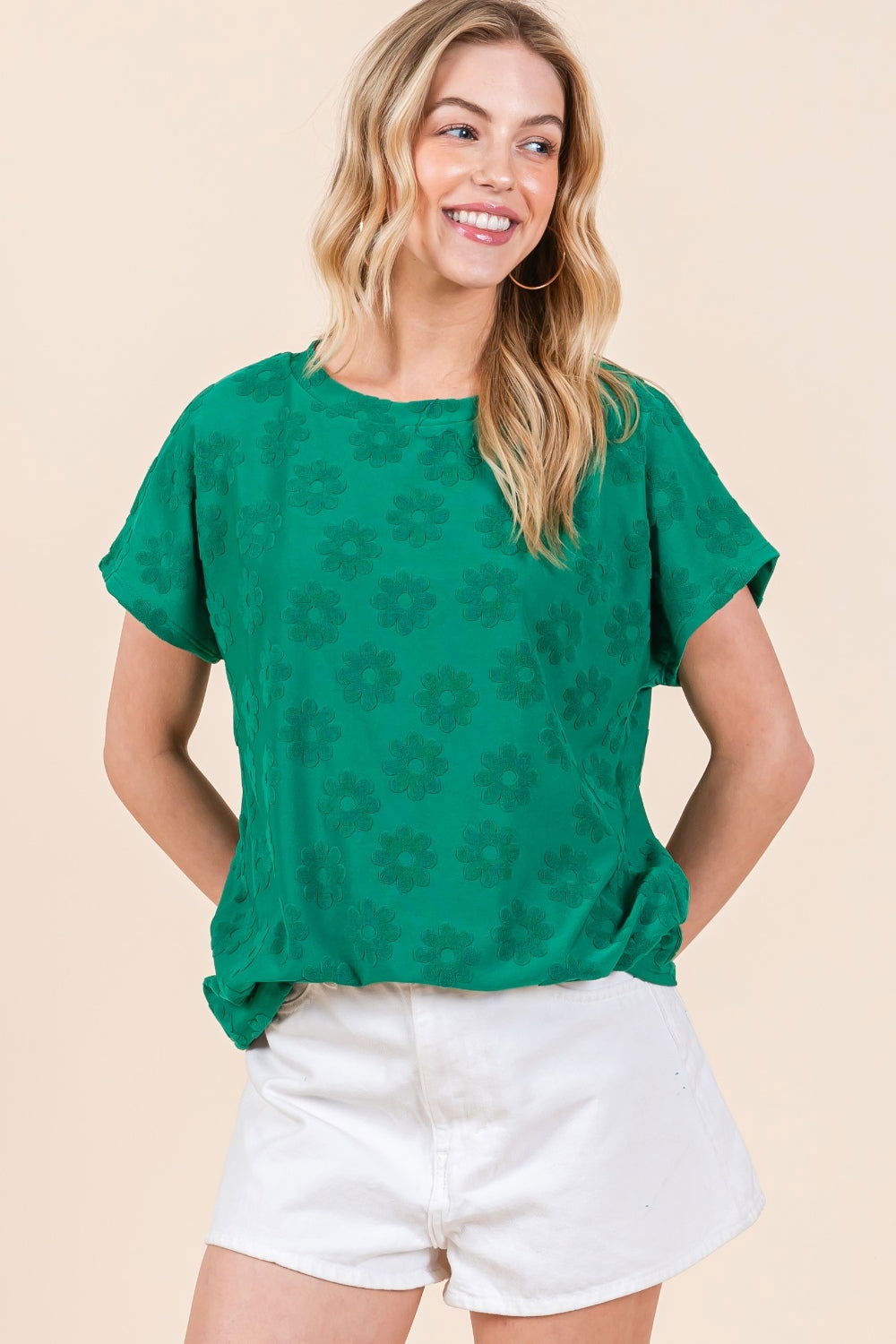 BOMBOM Textured Floral Pattern Short Sleeve T-Shirt us.meeeshop - Shirts & Tops