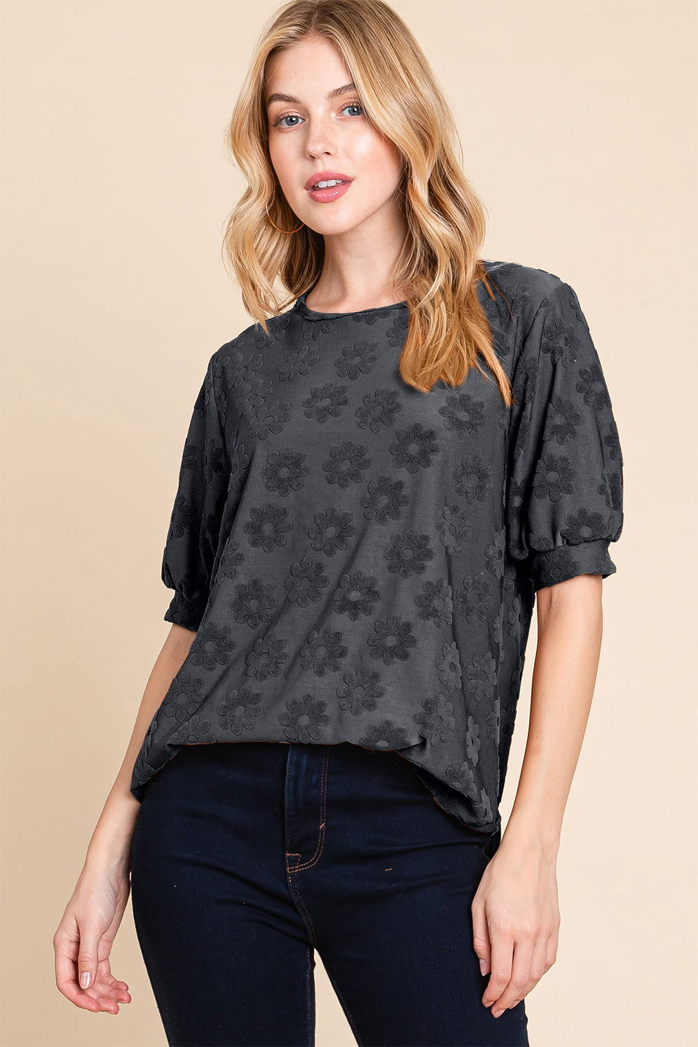 BOMBOM Textured Floral Pattern Top us.meeeshop - Shirts & Tops