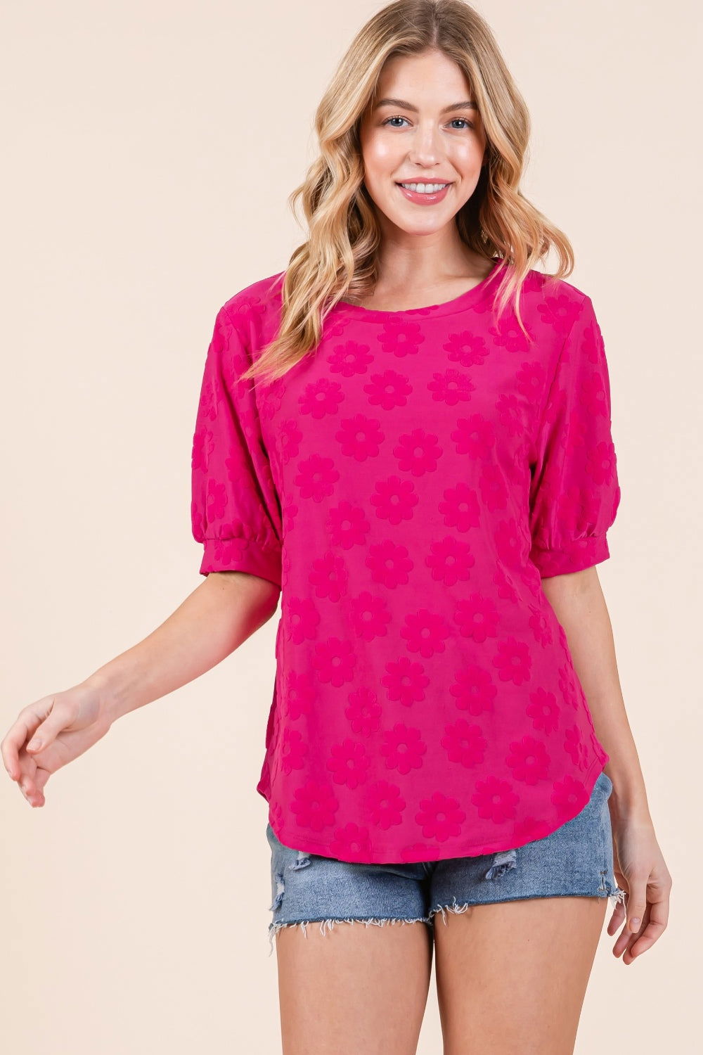 BOMBOM Textured Floral Pattern Top us.meeeshop - 