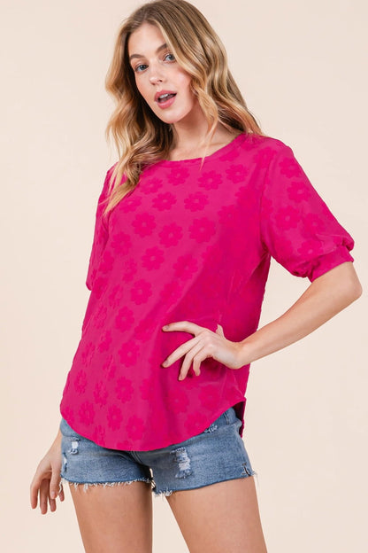 BOMBOM Textured Floral Pattern Top us.meeeshop - Shirts & Tops