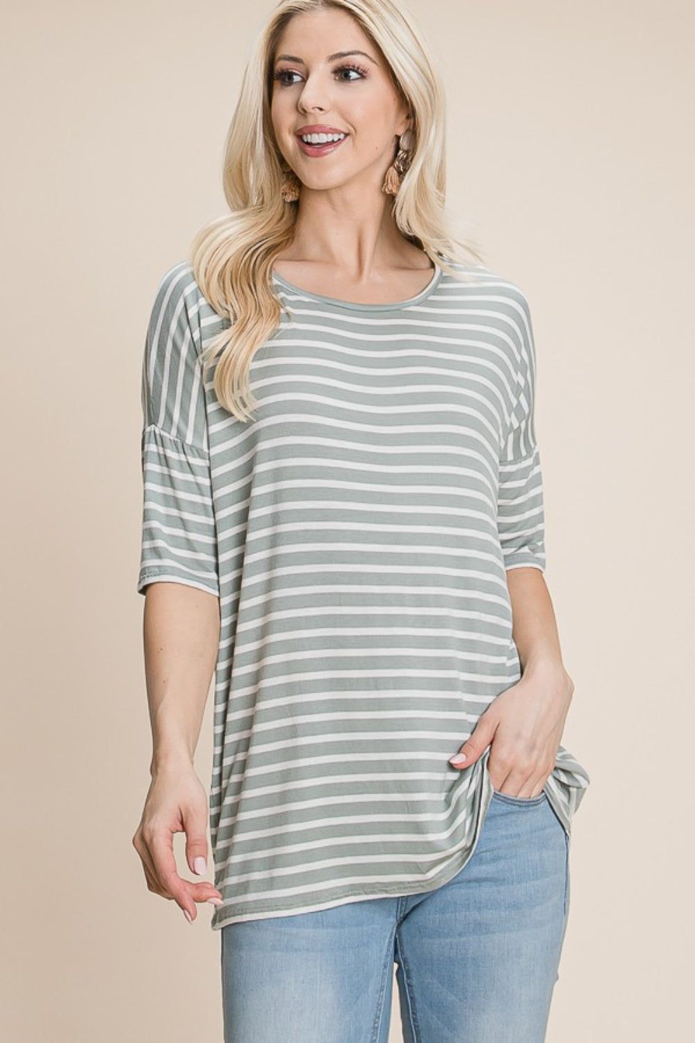 BOMBOM Striped Round Neck T-Shirt - us.meeeshop