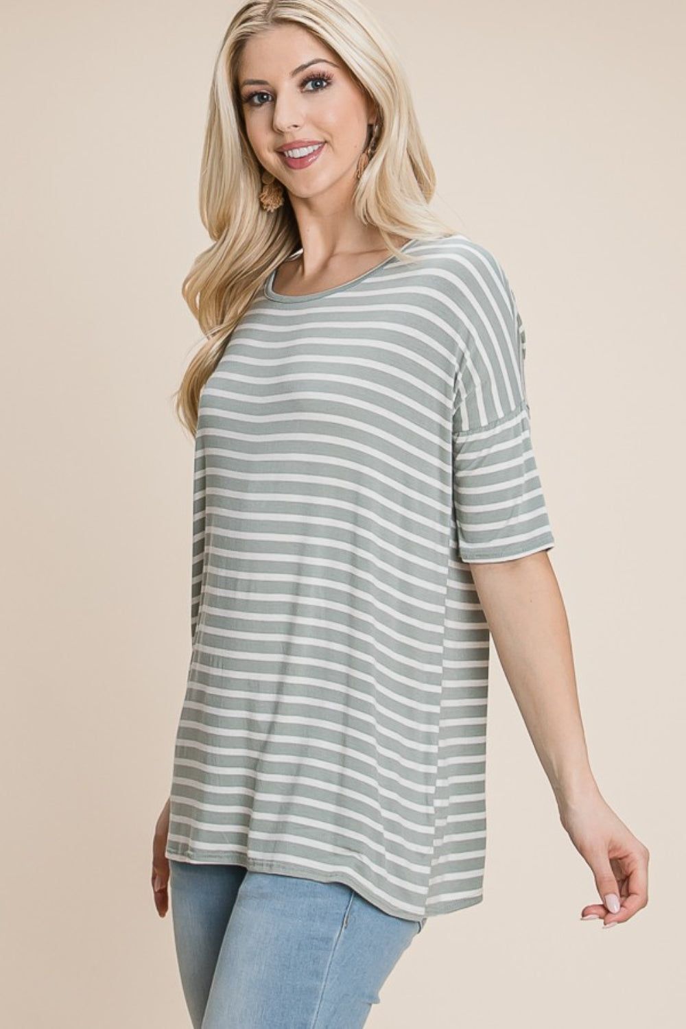 BOMBOM Striped Round Neck T-Shirt - us.meeeshop