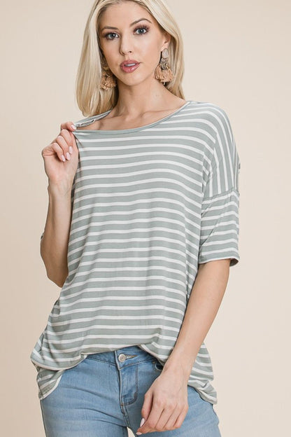 BOMBOM Striped Round Neck T-Shirt - us.meeeshop