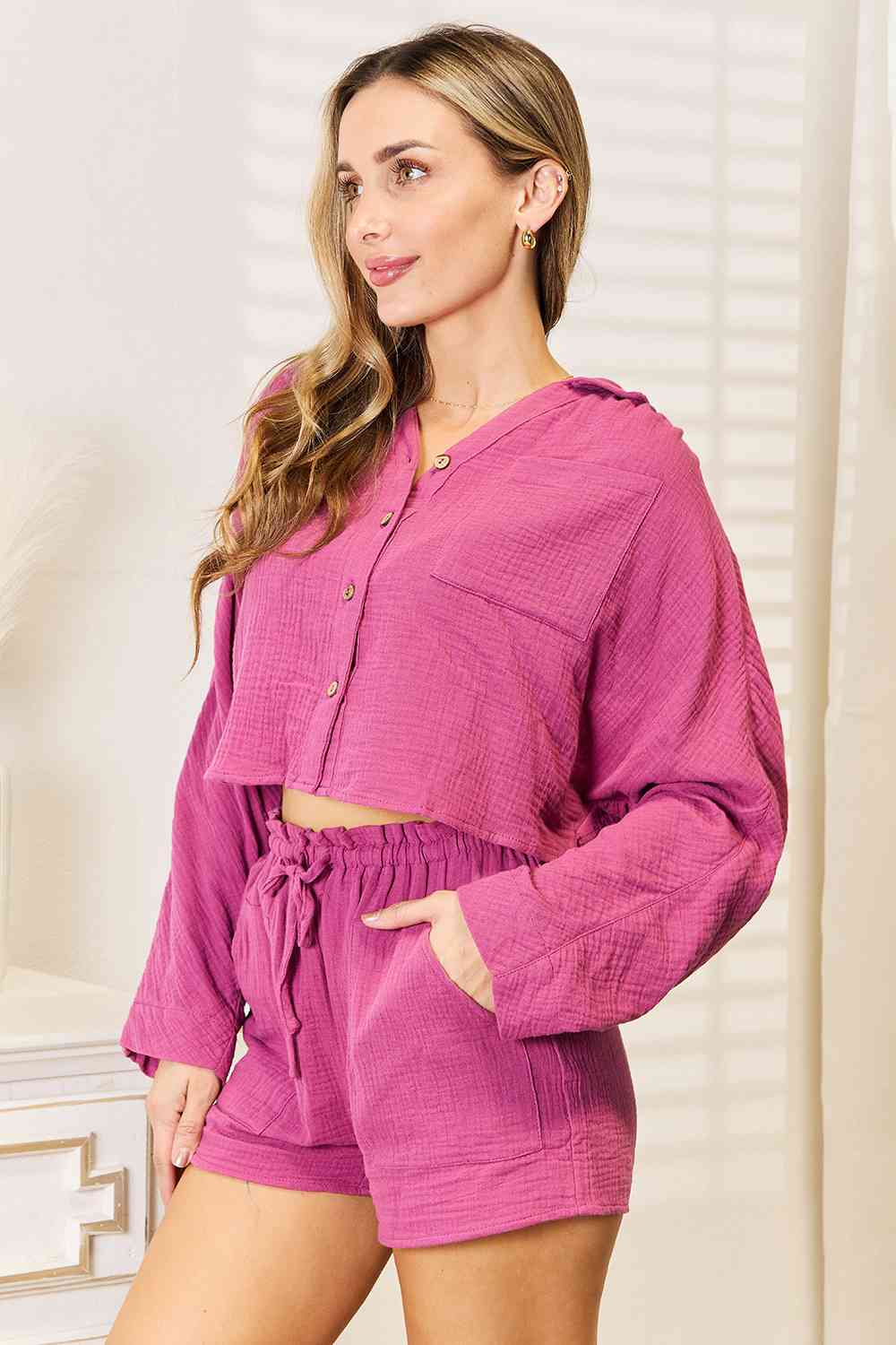 Basic Bae Buttoned Long Sleeve Top and Shorts Set | us.meeeshop