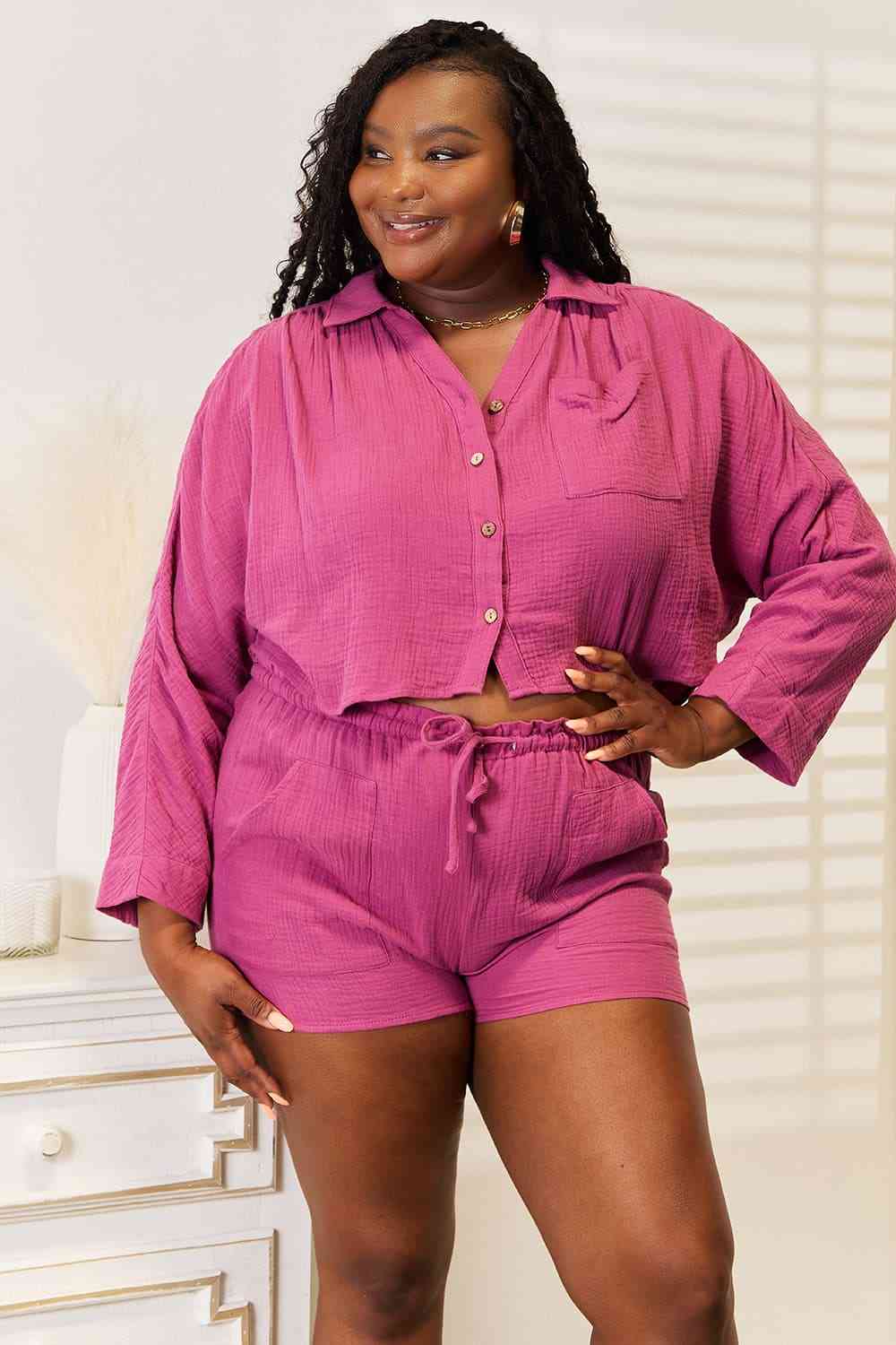 Basic Bae Buttoned Long Sleeve Top and Shorts Set | us.meeeshop