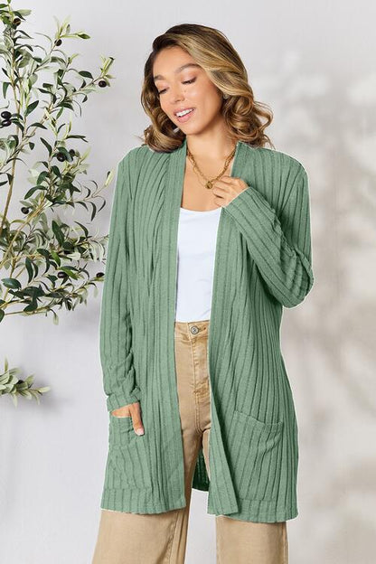 Basic Bae Full Size Ribbed Open Front Cardigan with Pockets | us.meeeshop