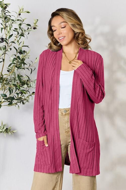 Basic Bae Full Size Ribbed Open Front Cardigan with Pockets us.meeeshop - 