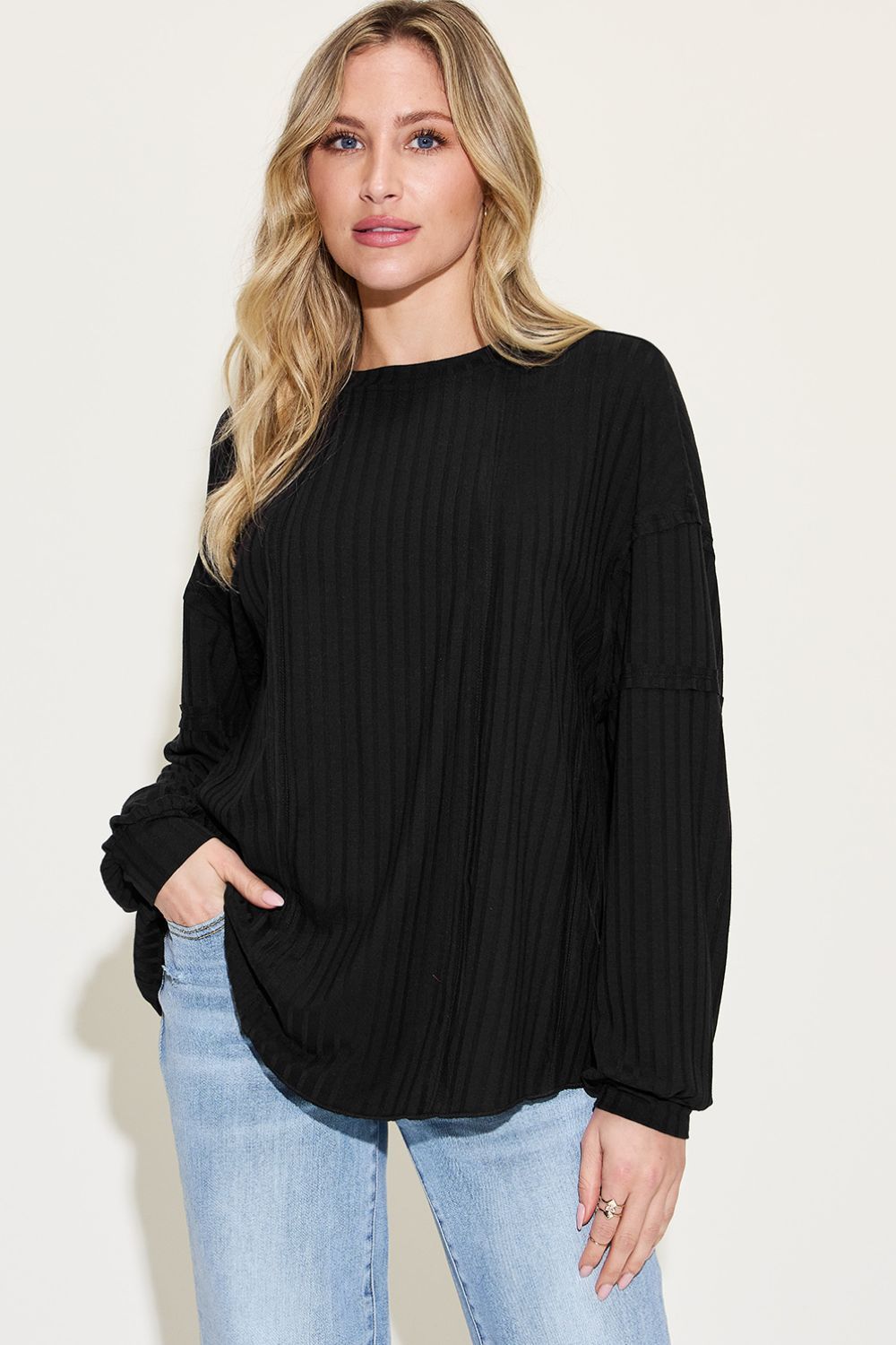 Basic Bae Full Size Ribbed Round Neck Long Sleeve T-Shirt us.meeeshop - 