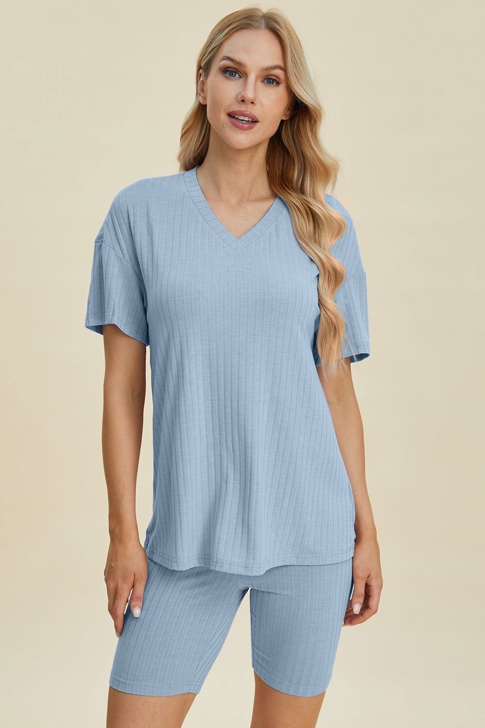 Basic Bae Full Size Ribbed V-Neck Short Sleeve Top and Shorts Set us.meeeshop - 