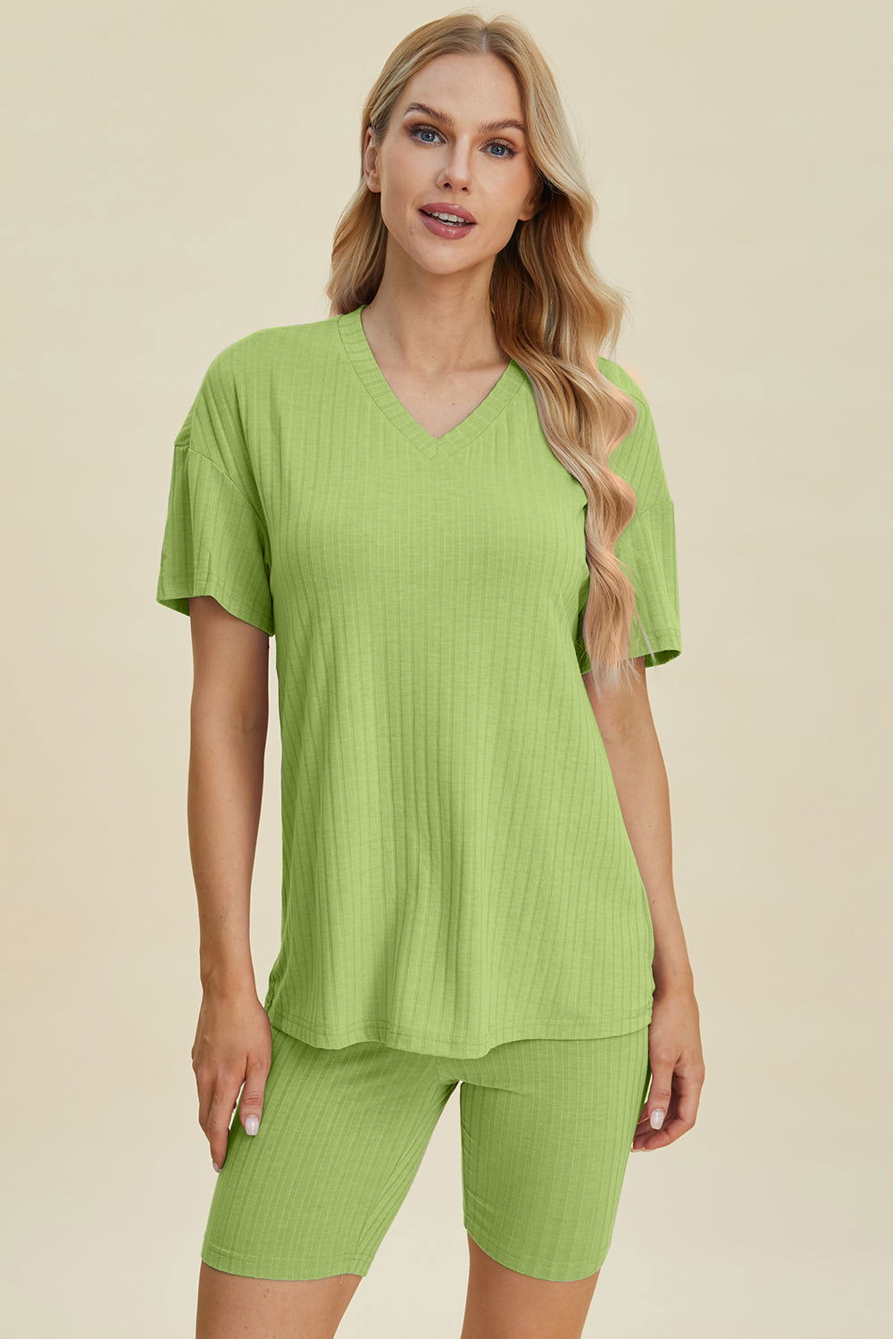 Basic Bae Full Size Ribbed V-Neck Short Sleeve Top and Shorts Set us.meeeshop - 