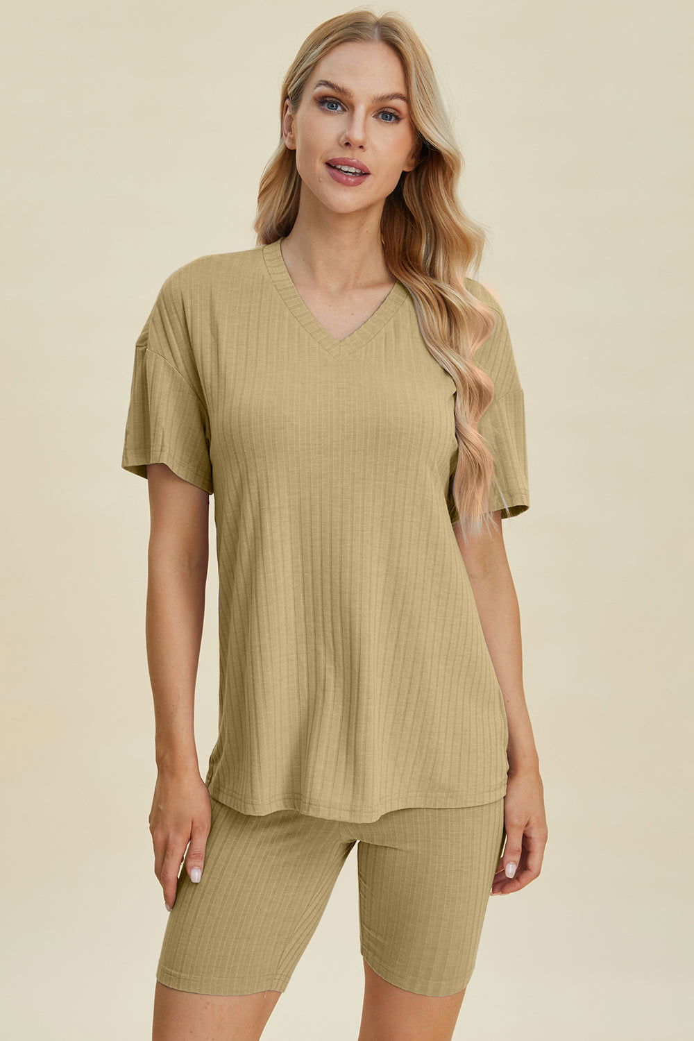 Basic Bae Full Size Ribbed V-Neck Short Sleeve Top and Shorts Set us.meeeshop - 