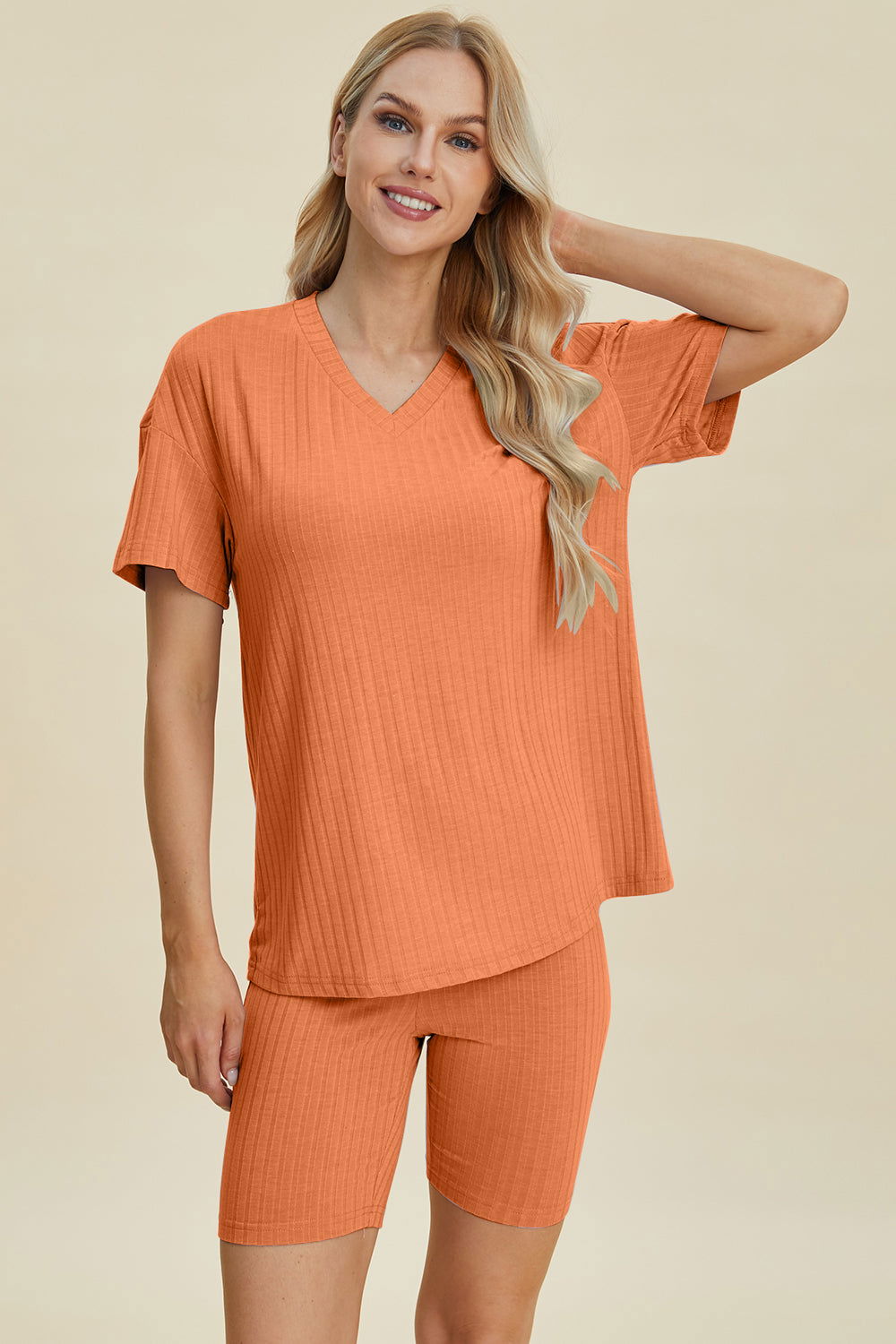 Basic Bae Full Size Ribbed V-Neck Short Sleeve Top and Shorts Set us.meeeshop - 