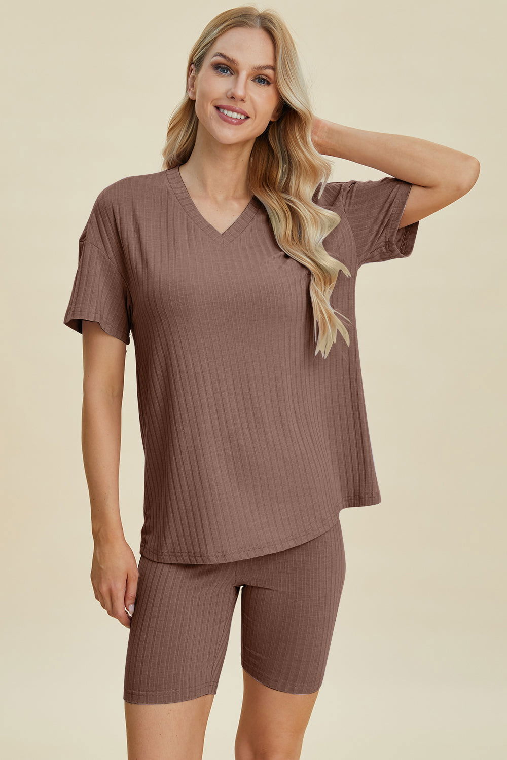 Basic Bae Full Size Ribbed V-Neck Short Sleeve Top and Shorts Set us.meeeshop - 