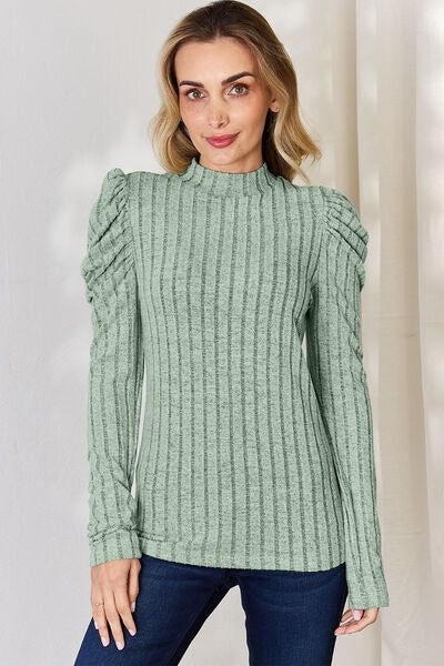 Basic Bae Ribbed Mock Neck Puff Sleeve T-Shirt us.meeeshop - 