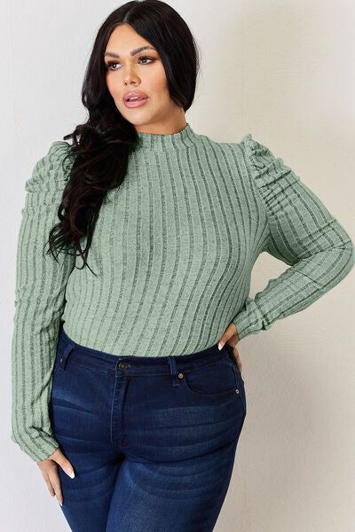 Basic Bae Ribbed Mock Neck Puff Sleeve T-Shirt us.meeeshop - 