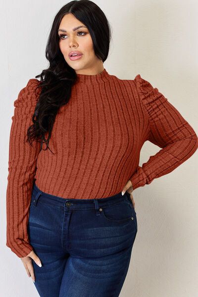 Basic Bae Ribbed Mock Neck Puff Sleeve T-Shirt us.meeeshop - 