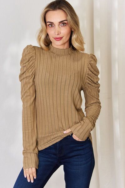 Basic Bae Ribbed Mock Neck Puff Sleeve T-Shirt us.meeeshop - 