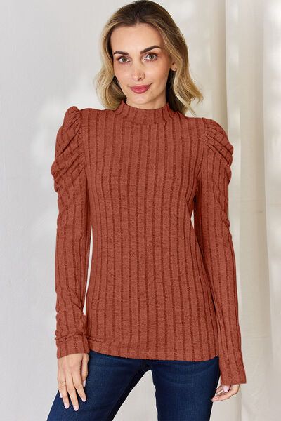 Basic Bae Ribbed Mock Neck Puff Sleeve T-Shirt us.meeeshop - Shirts & Tops