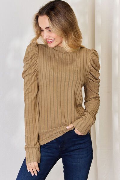 Basic Bae Ribbed Mock Neck Puff Sleeve T-Shirt us.meeeshop - 