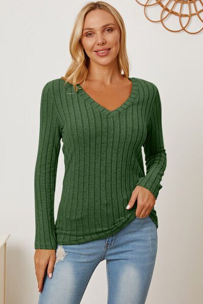 Basic Bae Ribbed V-Neck Long Sleeve T-Shirt us.meeeshop - 