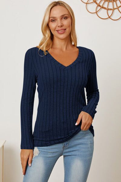 Basic Bae Ribbed V-Neck Long Sleeve T-Shirt us.meeeshop - 