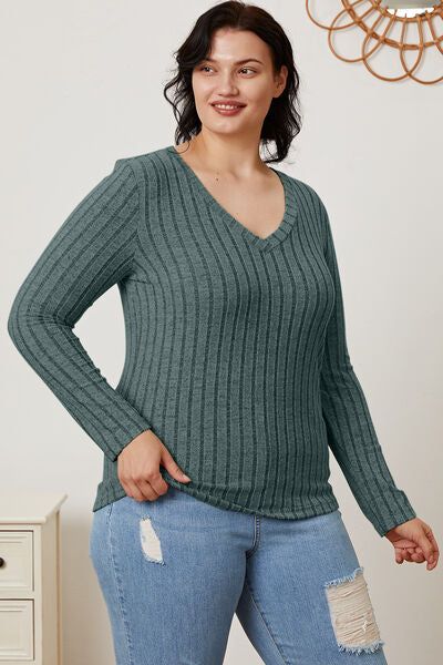 Basic Bae Ribbed V-Neck Long Sleeve T-Shirt us.meeeshop - 