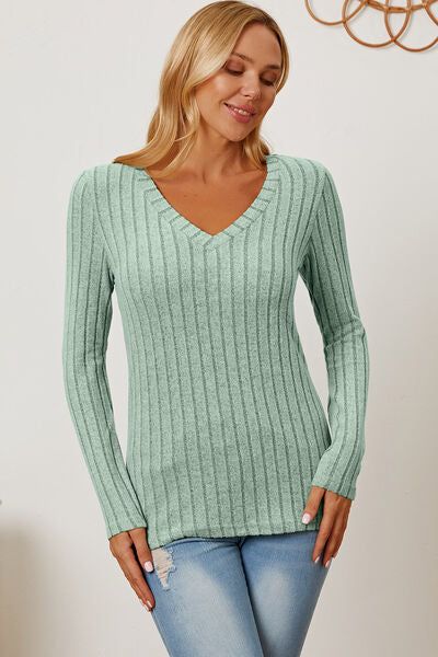 Basic Bae Ribbed V-Neck Long Sleeve T-Shirt us.meeeshop - 