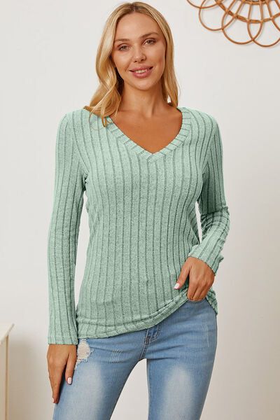 Basic Bae Ribbed V-Neck Long Sleeve T-Shirt us.meeeshop - 