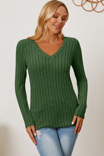 Basic Bae Ribbed V-Neck Long Sleeve T-Shirt us.meeeshop - 