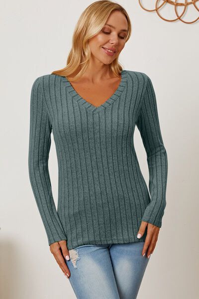 Basic Bae Ribbed V-Neck Long Sleeve T-Shirt us.meeeshop - 