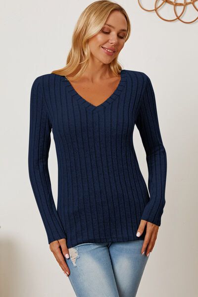 Basic Bae Ribbed V-Neck Long Sleeve T-Shirt us.meeeshop - 