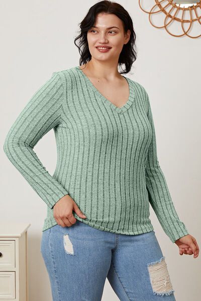 Basic Bae Ribbed V-Neck Long Sleeve T-Shirt us.meeeshop - 