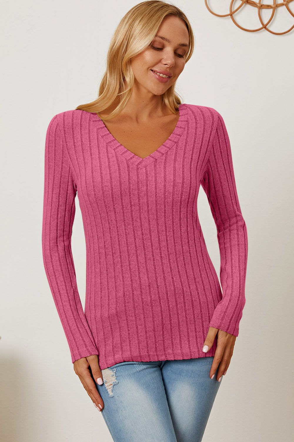 Basic Bae Ribbed V-Neck Long Sleeve T-Shirt us.meeeshop - 