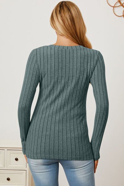 Basic Bae Ribbed V-Neck Long Sleeve T-Shirt us.meeeshop - 