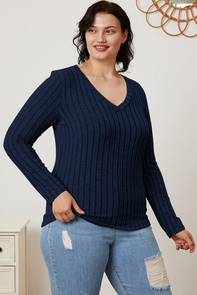 Basic Bae Ribbed V-Neck Long Sleeve T-Shirt us.meeeshop - 