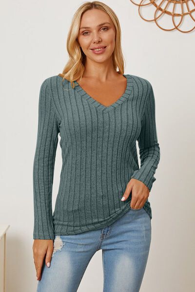 Basic Bae Ribbed V-Neck Long Sleeve T-Shirt us.meeeshop - 